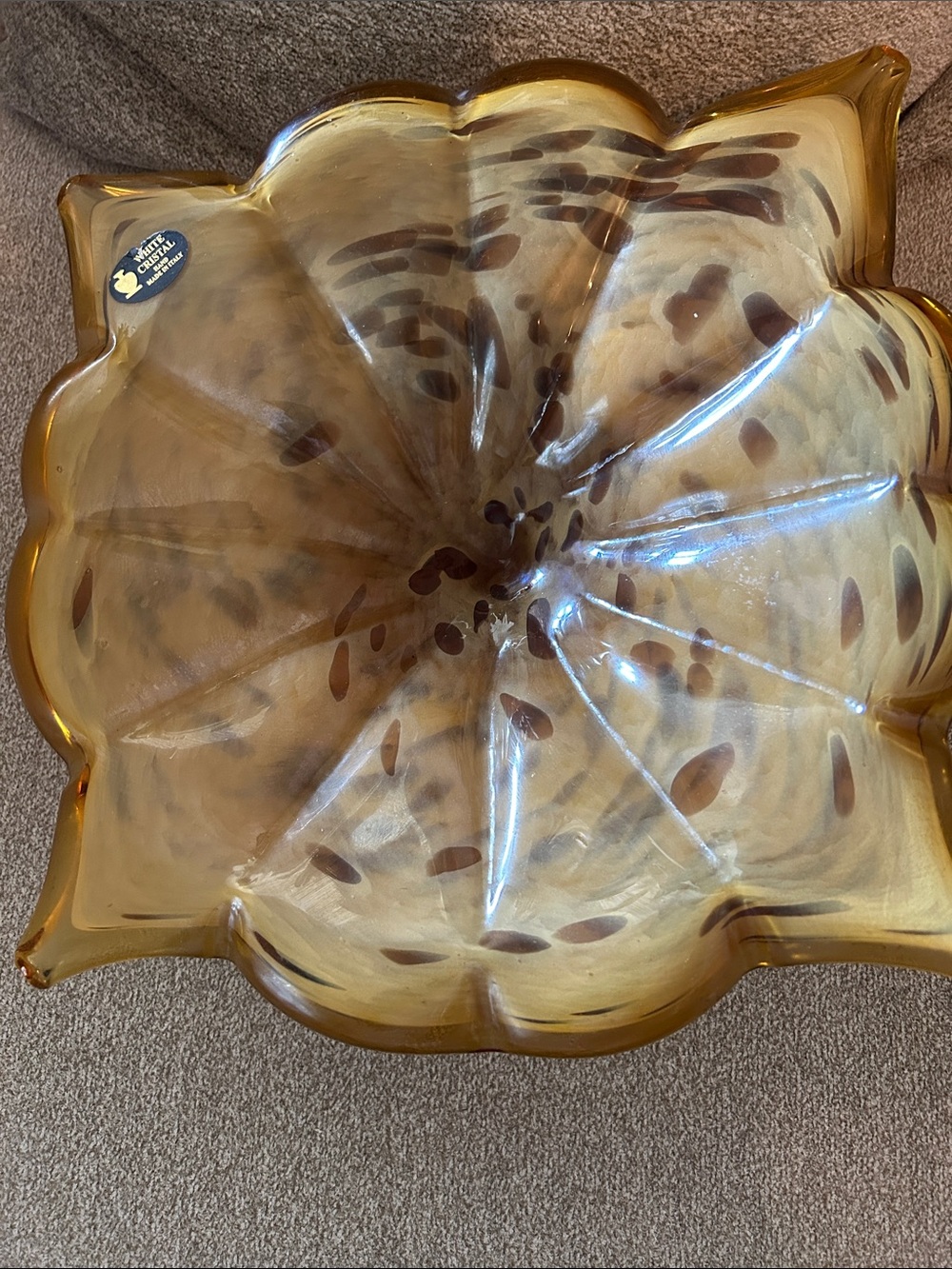 Amber Art Glass Scalloped Bowl with Brown Flecking Murono